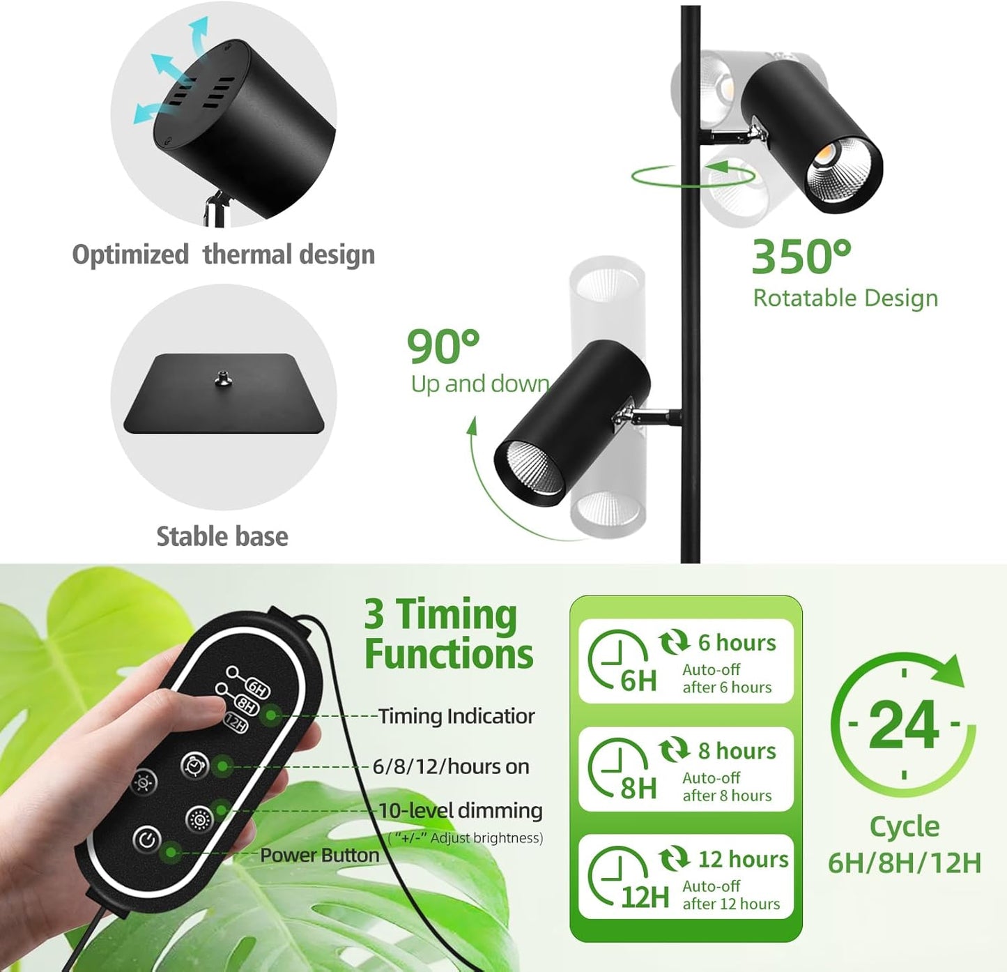 60W Dimmable Grow Light, Full Spectrum COB LED Dual-Head Floor Lamp with High CRI, 6/8/12H Timer, Adjustable Height (37"-77") & Angle – Standing Grow Lights for Indoor Plants (Daylight 6000K)