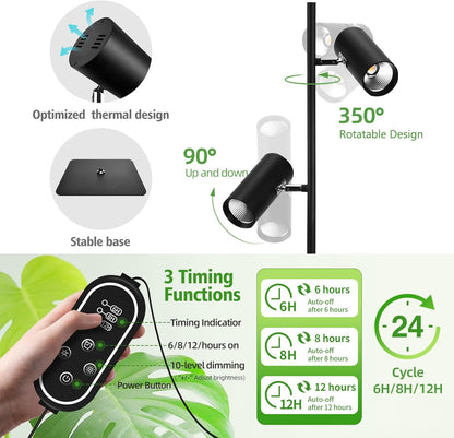 60W Dimmable Grow Light, Full Spectrum COB LED Dual-Head Floor Lamp with High CRI, 6/8/12H Timer, Adjustable Height (37"-77") & Angle – Standing Grow Lights for Indoor Plants (Daylight 6000K)