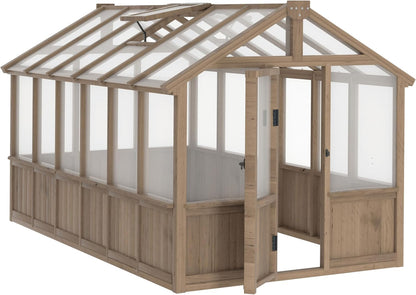 Mupater 6'x12' Wooden Polycarbonate Greenhouse,Outdoor with Ventilated Window and Lockable Door, Walk-in Greenhouse for Backyard, Patio, Lawn, Brown
