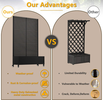 Metal Planter Box with Trellis, 72"x47"x16" Outdoor Galvanized Raised Garden Bed with Privacy Screen & Drainage Holes & Lockable Casters for Climbing Plants, Vegetable, Vines (Black-Louvered)