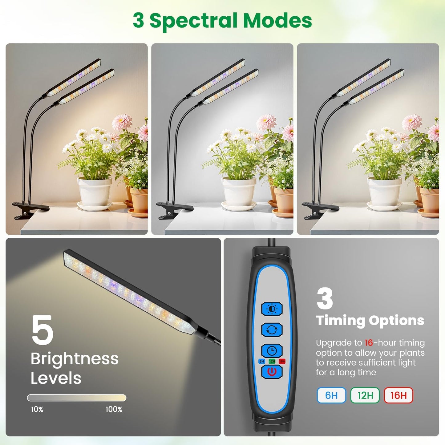 Grow Lights for Indoor Plants, 2 Head 114 LED Full Spectrum Clip on Plant Lights for Indoor Growing with 6/12/16H Timer, 5 Dimming, 3 Light Mode, Black Gooseneck Grow Lamp