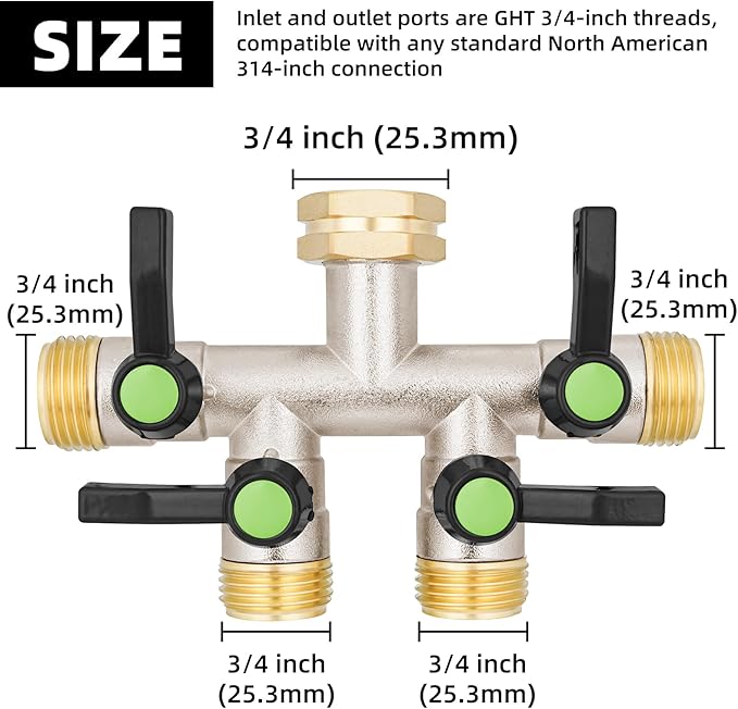 4 Way Hose Splitter, Brass High Flow Garden Hose Splitter Heavy Duty, Hose Connector, Water Spigot Splitter, Full Flow Faucet Splitter with shutoff, 3/4” GHT Inlet