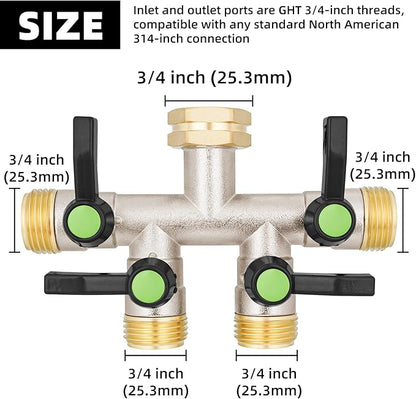 4 Way Hose Splitter, Brass High Flow Garden Hose Splitter Heavy Duty, Hose Connector, Water Spigot Splitter, Full Flow Faucet Splitter with shutoff, 3/4” GHT Inlet