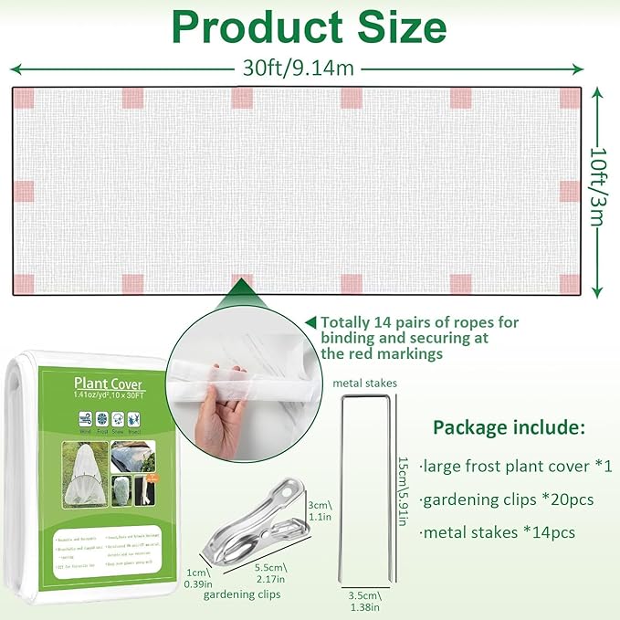 Plant Covers Freeze Protection, 10ft x 30ft 1.41oz/yd² White Frost Cloth Plant Blankets with 20 Stainless Steel Clips Floating Row Covers for Outdoor Gardens Vegetables Winter Frost Pests Protection