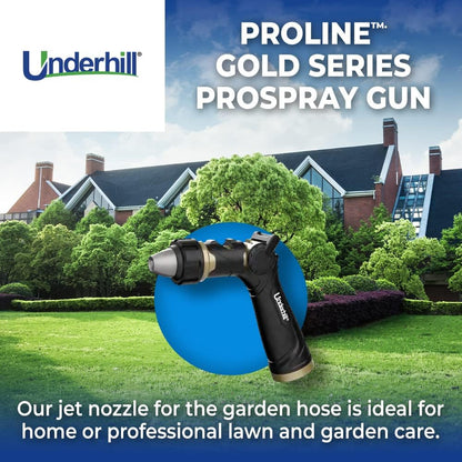 Underhill Prospray Gold Series Garden Water Hose Gun Nozzle Sprayer Head, 3/4-Inch Thread Inlet, Heavy-Duty Metal, Adjustable, Thumb Control, NG250-P