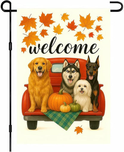 Welcome Fall Garden Flag 12x18 Inch Double Sided Red Truck with Dogs Yard Flags Autumn Pumpkin Leaf Outdoor Decoration Small Flag for Porch Lawn Pet Lovers