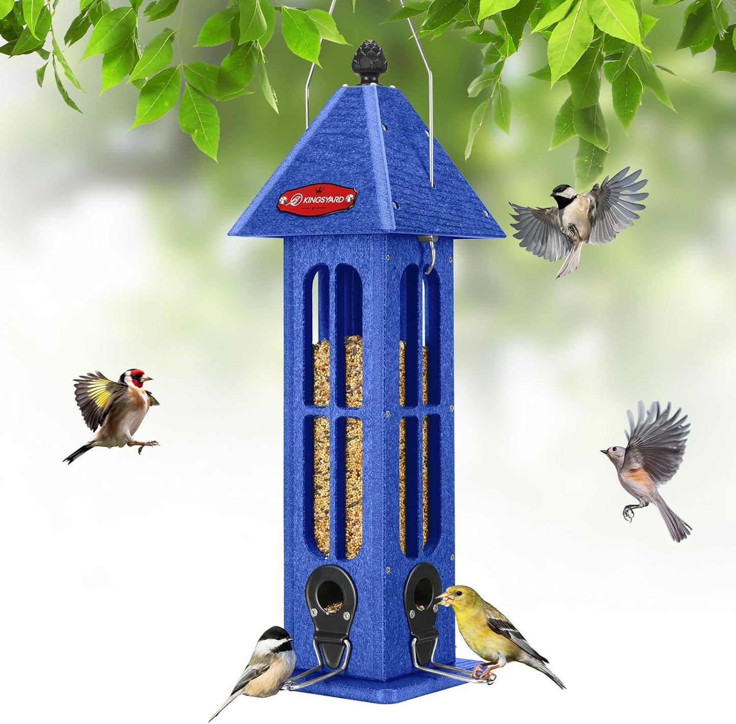 Kingsyard Rainproof Bird Feeder for Outdoor Hanging, Recycled Plastic Wild Bird Feeder with 4 Metal Ports, 3 lbs Large Capacity, Garden Yard Decorations for Bluebird Finches, Blue
