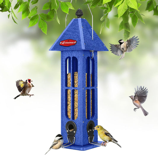 Kingsyard Rainproof Bird Feeder for Outdoor Hanging, Recycled Plastic Wild Bird Feeder with 4 Metal Ports, 3 lbs Large Capacity, Garden Yard Decorations for Bluebird Finches, Blue