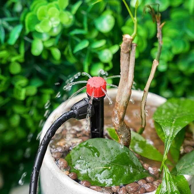 RedChili 50 Pieces Drip Emitters for 1/4" Drip Irrigation Tubing, 25 Pcs Vortex Emitters and 25 Pcs Stream Emitters Adjustable 360 Degree Full Circle Drip Emitters with Stake