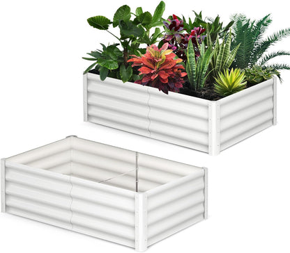 Galvanized Raised Garden Bed, 2 Pcs 6x3x1FT Outdoor Outdoor Planter Boxes with Open Base with Safety Edge and Glove, Elevated Rectangular Planting Bed for Vegetables Flowers Ground Planter, White