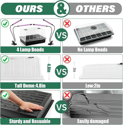 Seed Starter Tray with Grow Lights – 4 Pack Seedling Trays with 5" Humidity Domes & 4 LED Light Heads, Adjustable Timer, Full Spectrum for Indoor Germination, Herbs, Vegetables, Flowers