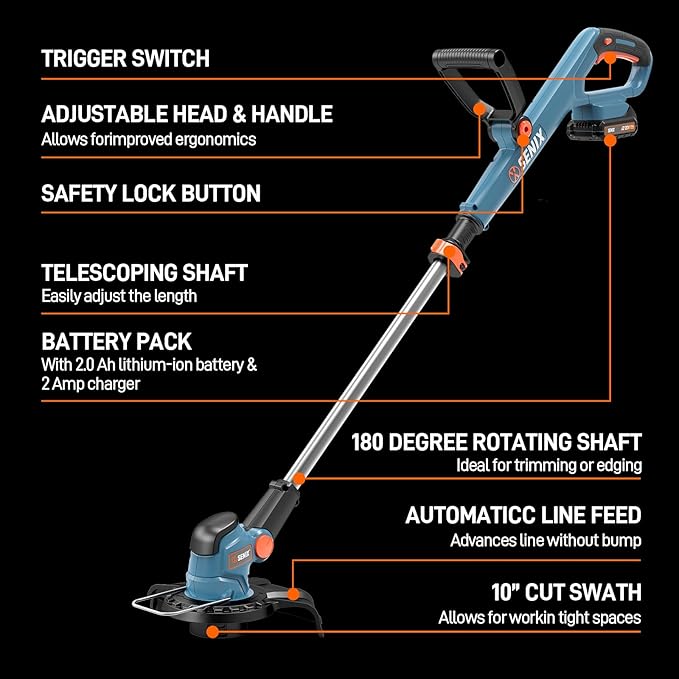 SENIX 20V 10" Cordless Weed Wacker, String Trimmer, Telescoping Rotating Shaft, Adjust Head & Assistant Grip, Auto Line Feed w/ 2.5Ah Battery & Charger, GTX2-M