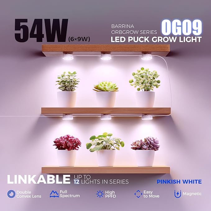 Barrina Orbgrow OG09 Puck Grow Light with Timer, Pinkish White 54W(6 x 9W, 810 Watt Equiv), Full Spectrum Plant Light for Indoor Plants, Magnetic & Linkable, 5 Levels Dimmable for Plant Shelf, 6 Packs