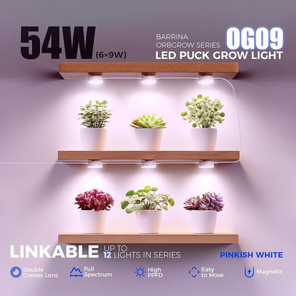 Barrina Orbgrow OG09 Puck Grow Light with Timer, Pinkish White 54W(6 x 9W, 810 Watt Equiv), Full Spectrum Plant Light for Indoor Plants, Magnetic & Linkable, 5 Levels Dimmable for Plant Shelf, 6 Packs