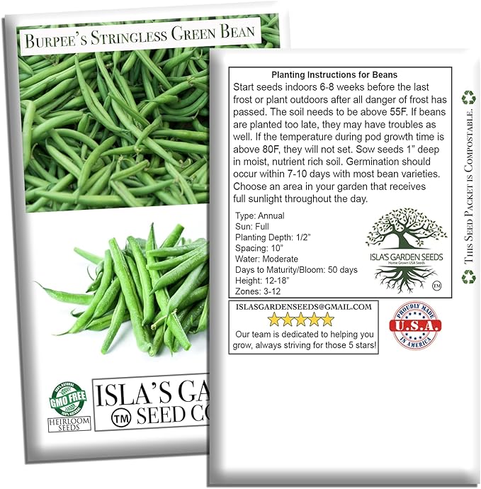 Burpee Stringless Green Bean Seeds (Phaseolus vulgaris) – 50+ Non-GMO Heirloom Seeds by Isla’s Garden Seeds, Crisp Tender Pods with No Strings, Easy to Grow for Raised Beds & Summer Harvests