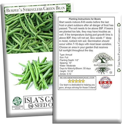 Burpee Stringless Green Bean Seeds (Phaseolus vulgaris) – 50+ Non-GMO Heirloom Seeds by Isla’s Garden Seeds, Crisp Tender Pods with No Strings, Easy to Grow for Raised Beds & Summer Harvests