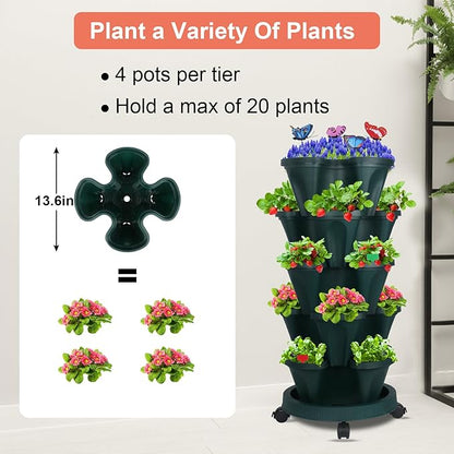 Vertical Planter, 5 Tier Stackable Strawberry Planter with Garden Tool Set, Movable Indoor/Outdoor Garden Herb Pot for Growing Vegetables and Succulents, Green