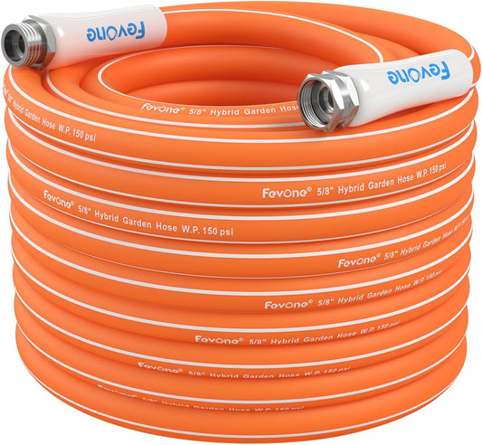Fevone 100 ft x 5/8" Heavy Duty Garden Hose, Drinking Water Safe, Flexible & Kink-Free Hybrid Polymer Water Hose, Lightweight Outdoor Hose with 3/4" Solid Aluminum Fittings