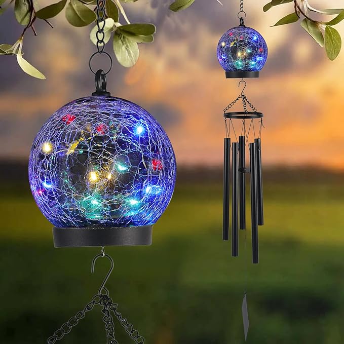 Wind Chimes Outdoor Solar Lights, 42 Inch Large Sympathy Chime 15 LED Twinkle Multi Color Crackled Glass Ball Birthday Gifts for Women Decorative Hanging in Garden, Yard, Patio, Landscape