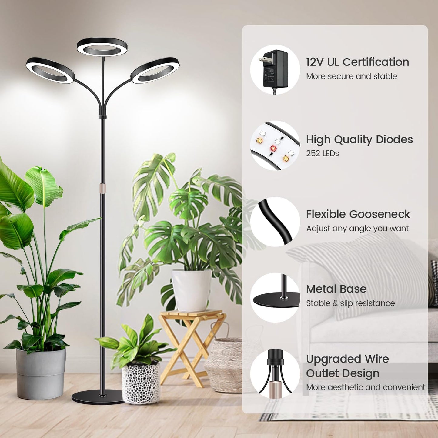 Garpsen Halo Floor Grow Light, Three-Head Full Spectrum LED Plant Light with Base, 5 Dimmable Levels & Timer 6/12/16H, 3 Color Modes Grow Lamp with 252 LEDs, 67''Height Adjustable for Large Plants