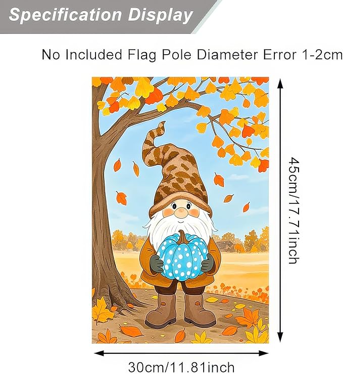 Fall Gnome Garden Flag 12x18 Inch Double Sided Autumn Gnome Holding Blue Pumpkin Yard Flags Harvest Banner for Thanksgiving Porch Lawn Outdoor Decoration