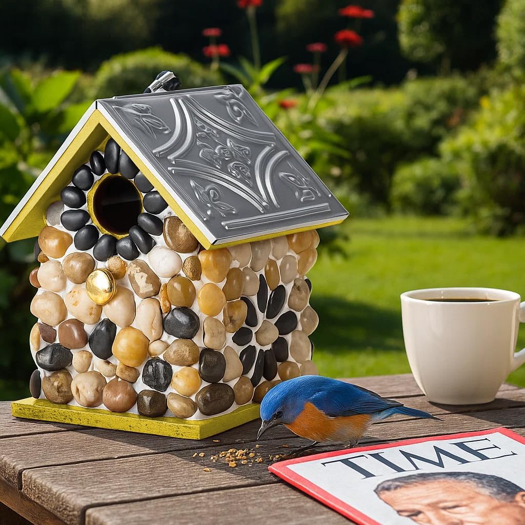 Masterpiece Bluebird Bird House for Outside Clearance, Cedar Bird House Bird Feeder for Outdoor, Stone Villa, Hanging Birdhouse for Outside, Pole Mountable Birdhouse, 10 Yrs Longtime Lasting (Yellow)