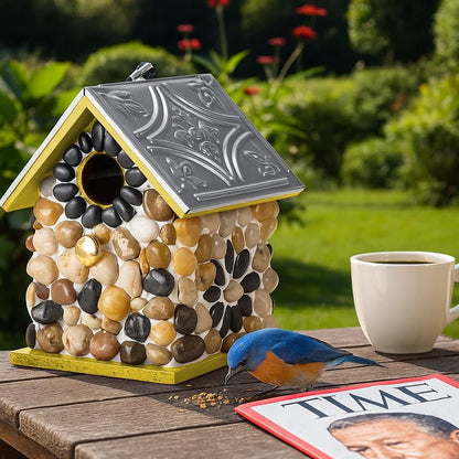 Masterpiece Bluebird Bird House for Outside Clearance, Cedar Bird House Bird Feeder for Outdoor, Stone Villa, Hanging Birdhouse for Outside, Pole Mountable Birdhouse, 10 Yrs Longtime Lasting (Yellow)