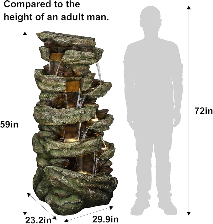 SunJet 59" High Multi-Tiers Cascading Rock Outdoor Water Fountain with LED Lights - Large Outdoor Fountains and Waterfalls for Garden or Patio, Yard, and Deck Decor, Featuring Natural Stone Look