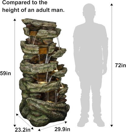 SunJet 59" High Multi-Tiers Cascading Rock Outdoor Water Fountain with LED Lights - Large Outdoor Fountains and Waterfalls for Garden or Patio, Yard, and Deck Decor, Featuring Natural Stone Look