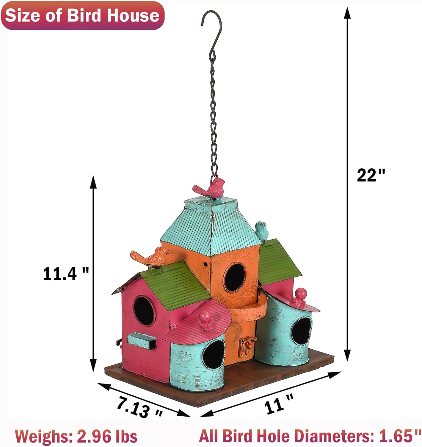 Large Bird Houses for Outside Hanging, Colorful Metal Bird Houses for Outside with 5 Compartments, Easy-Clean Front & Back Doors, Escape Holes & Ventilation, Weatherproof birdhouses for Outdoors