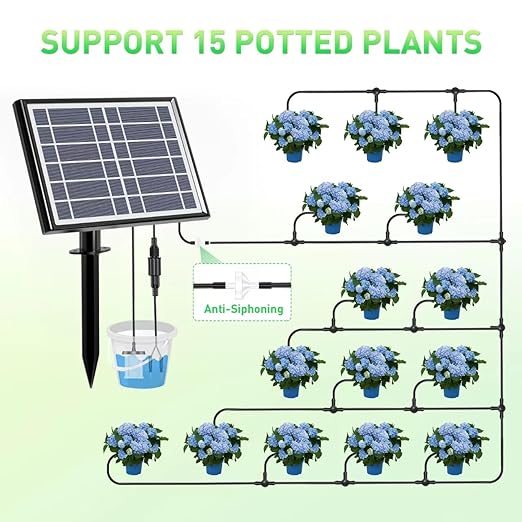 49FT Solar Drip Irrigation Kit System, 900ml/min Garden Watering System，3W 3000mAh Larger Capacity，Automatic Raised Bed Watering System for 15 Potted Plants