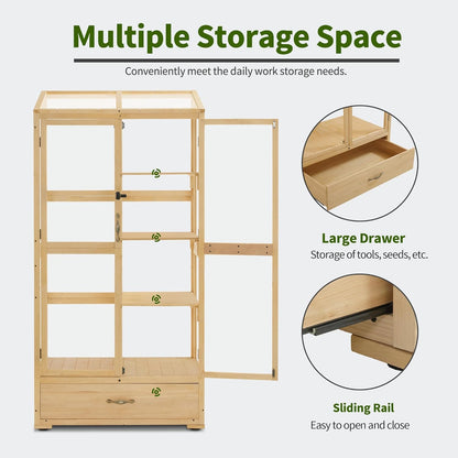 Macrout Cold Frame Greenhouse, Tall Wooden Greenhouse for Outdoor Indoor Use with Polycarbonate Panels, 3 Tier Garden Cold Frame with Drawer and Shelves, 0864 (Natural)