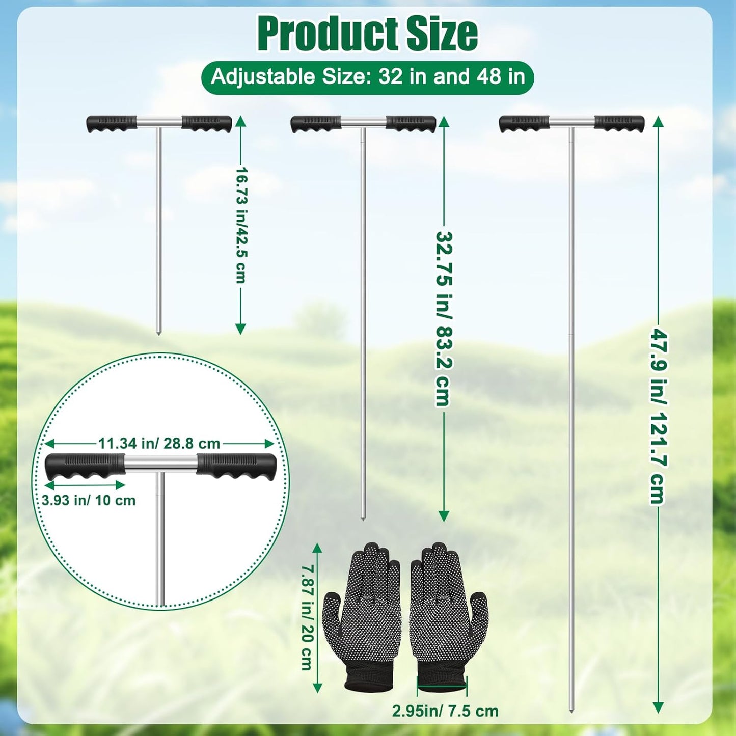32-48 Inches Soil Probe Rod, Heavy Duty Metal Ground Probe Rod with Insulated T-Handle/Gloves for Locating Underground Pipe/Gardening/Soil Compaction