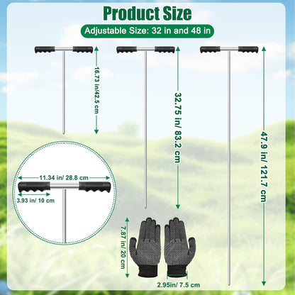 32-48 Inches Soil Probe Rod, Heavy Duty Metal Ground Probe Rod with Insulated T-Handle/Gloves for Locating Underground Pipe/Gardening/Soil Compaction