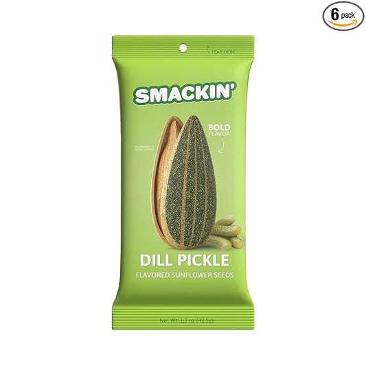 SMACKIN' Sunflower Seeds, Roasted Jumbo Small-Batch, American Made - Dill Pickle. 1.5oz bags (6 Pack)