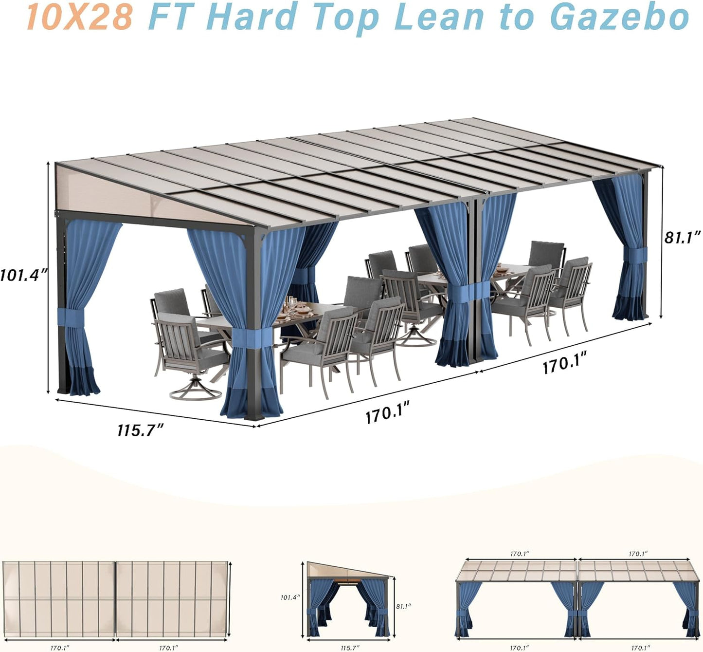 10' x 28' Gazebo，Hard Top Lean to Gazebo Wall Mount Heavy Hardtop Gazebos Outdoor Pergola with Curtains and Netting for Patio Garden Lawn Backyard Deck (Navy)