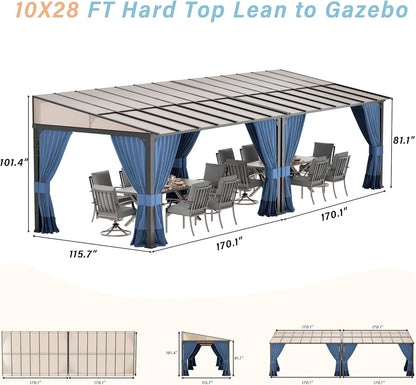 10' x 28' Gazebo，Hard Top Lean to Gazebo Wall Mount Heavy Hardtop Gazebos Outdoor Pergola with Curtains and Netting for Patio Garden Lawn Backyard Deck (Navy)