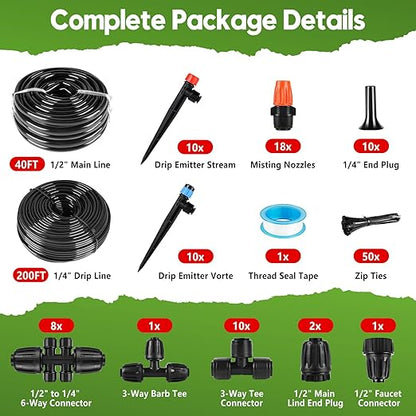 240FT Drip Irrigation System for Garden, 2025 Upgraded Quick-Connect Automatic Garden Watering System with 1/2" & 1/4" Tubing and Adjustable Nozzle Emitters for Greenhouse, Yard, Lawn, Raised Bed