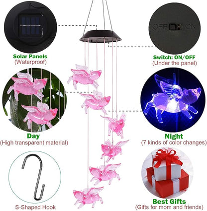 ME9UE Color Changing Flying Pigs Wind Chimes Gifts Portable Waterproof Mobile Romantic Fly Pigs Windchime, LED Solar Pig Wind Chimes Lights Gift for Mom, Festival, Patio, Garden, Outdoor Decoration
