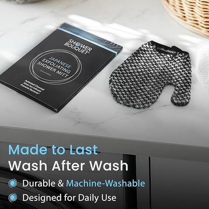 Japanese Exfoliating Mitt 2-Pack - Charcoal & Silver Ion Exfoliating Gloves for Shower - Soft Inner Fabric Gentle Exfoliation & Deep Cleansing Body Scrub Gloves for All Skin Types - 1 White, 1 Blue