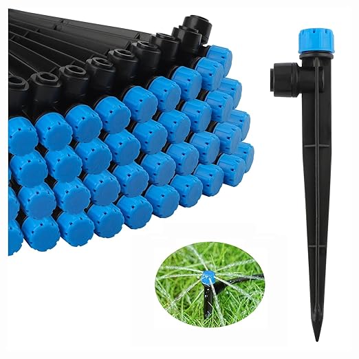 100PCS Drip Irrigation Emitters, Kalolary Adjustable 360 Degree Water Flow Drippers Emitters for 1/4" Drip Irrigation System Tubing, Garden Irrigation Drippers for House Garden Flower beds(Blue)