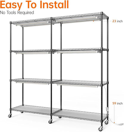 Bstrip Plant Shelf with Grow Light, 4-Tier Large Grow Light Shelf with Wheels, Stainless Steel, 12-Pack 288W T8 Full Spectrum Grow Lights for Seed Starting(57.4" L x 13.8" W x 59" H)