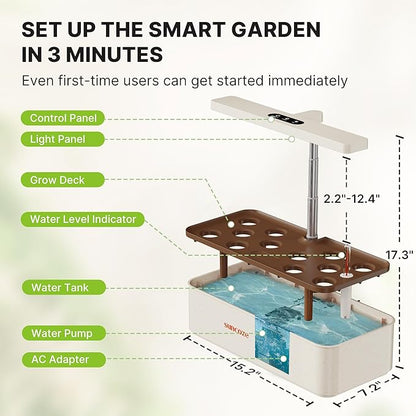SUNCOZE Hydroponics Growing System Kit 12 Pods, 24W LED Grow Light Indoor Garden, 4L Water Tank with Quiet Pump, Adjustable Height Herb Garden Planter Indoor Kit, Gardening Gifts, Beige