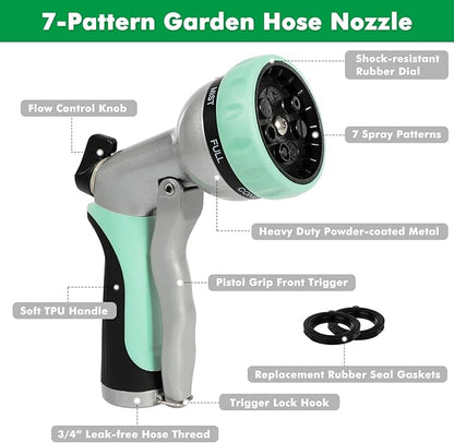 RESTMO Garden Hose Nozzle, Heavy Duty Metal Water Hose Nozzle with 7 Adjustable Spray Patterns, High Pressure Hand Sprayer with Flow Control, Best for Watering Plant & Lawn, Washing Car & Pet, Cyan