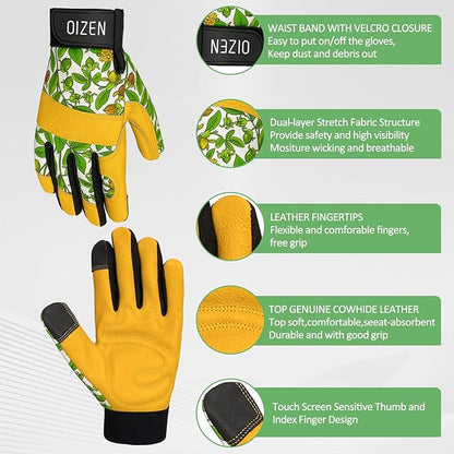 Cowhide Leather Thorn Proof & Puncture Resistant Gardening Gloves for Women, Touchscreen Compatible Working Gloves for Weeding, Digging, Planting, Gardening Gifts for Women (Green bellflowers, Medium)