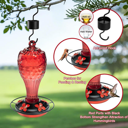 Glass Hummingbird Feeder for Outdoors with Ant Moat - Hand Blown Humming Bird Feeder, 5 Feeding Ports, Leak-Proof, 20 Ounces, Elegance Garden Decoration, Gift for Mom Dad Elderly