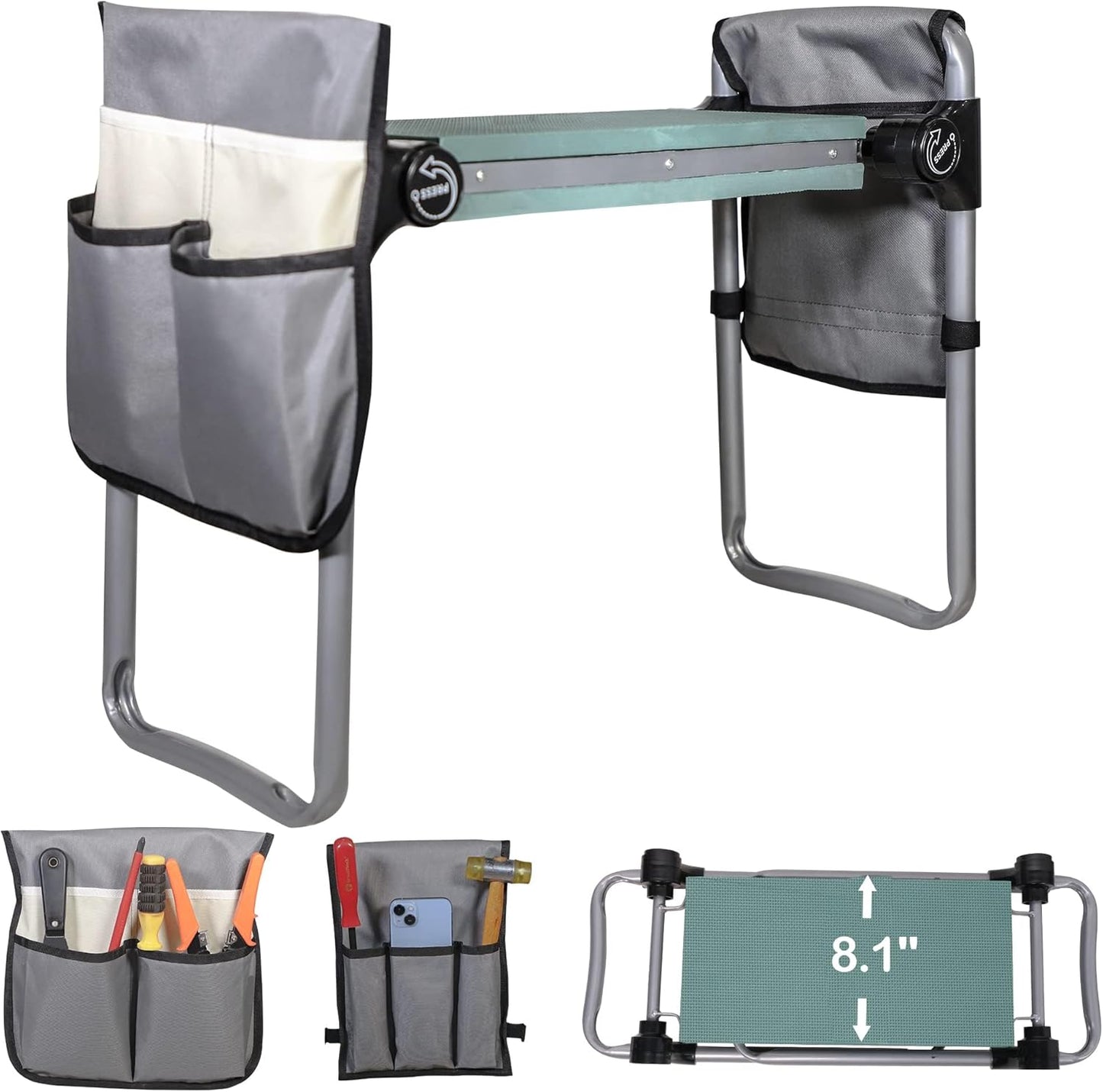 LUCKYERMORE Upgraded Garden Kneeler and Seat, Foldable Gardening Stool with 2 Tool Pouches, with Wider & Softer EVA Kneeling Pad, Gardening Gift for Parents Seniors, Lightweight & Heavy Duty