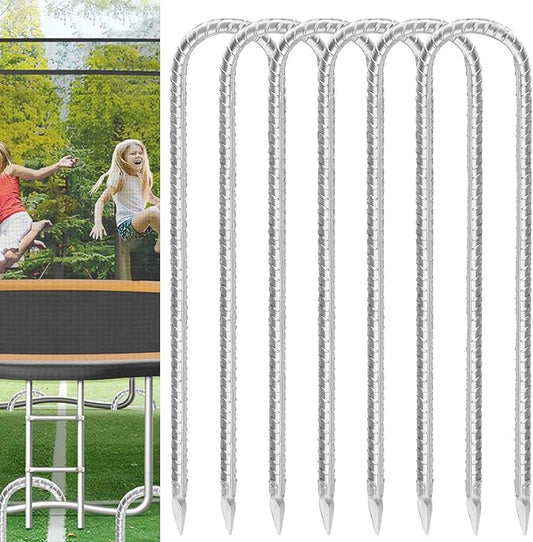 Trampoline Stakes Anchors High Wind 12inx6mm Galvanized U Hook 6pcs Rebar Stakes – Heavy Duty Ground Anchors for Trampoline,Yard & Inflatable,Landscape Metal Stakes for Outdoor Decorations