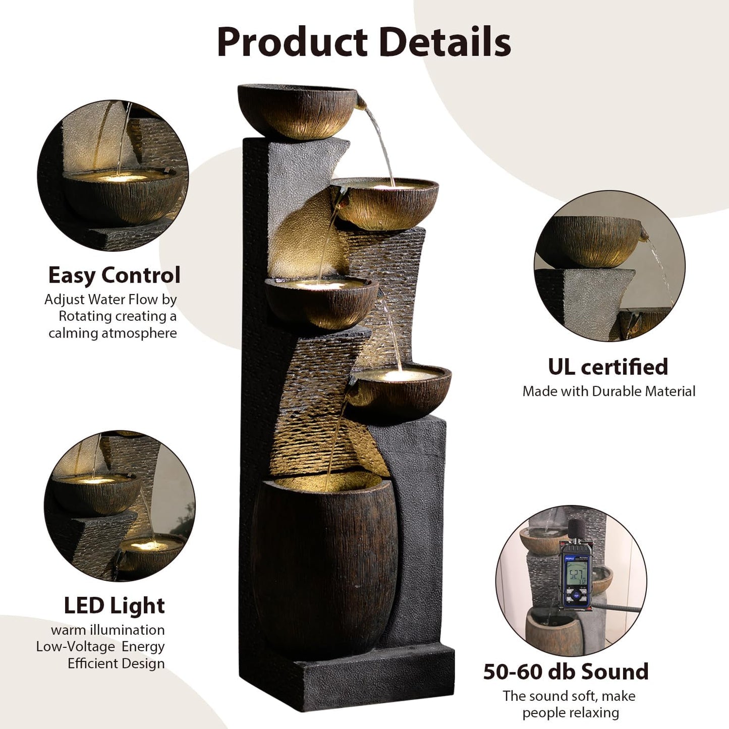 51.6'' H Tall Outdoor Water Fountain, 5-Tier Resin Cascading Crock Bowls with LED Lights, Garden Water Feature and Waterfall for Porch, Deck, Patio, Yard, and Home Décor, Dark Gray