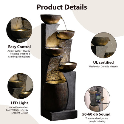 51.6'' H Tall Outdoor Water Fountain, 5-Tier Resin Cascading Crock Bowls with LED Lights, Garden Water Feature and Waterfall for Porch, Deck, Patio, Yard, and Home Décor, Dark Gray
